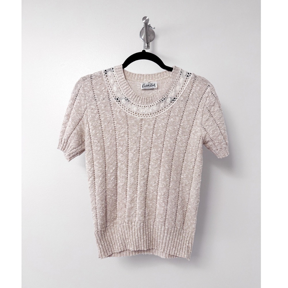 Vintage Cuddle Knit Short Sleeve Sweater Beige Lace Collar Pointelle Made in USA